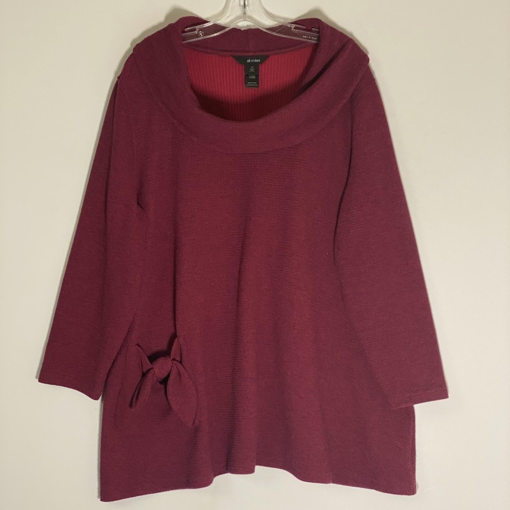 Ali Miles Sweater Tunic Womens 1X Red Cowl Neck Pocket Bow‎ Knit Top Long Sleeve